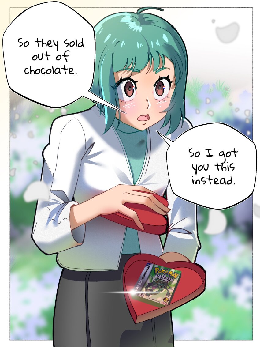 1girl, absurdres, ahoge, aqua_hair, black_skirt, blue_hair, blue_shirt, blurry