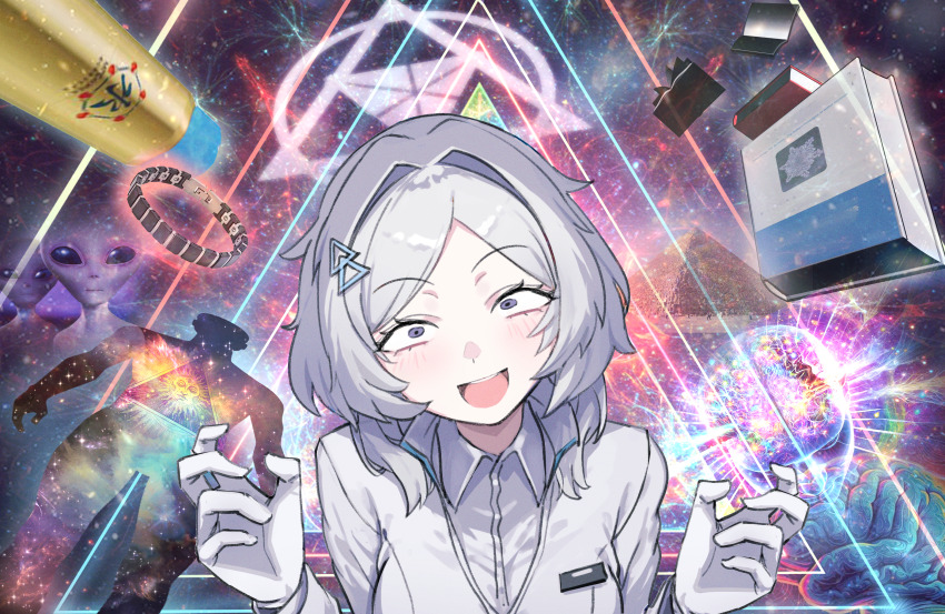 1girl, absurdres, alien, blue_archive, book, commentary, gabang, gloves