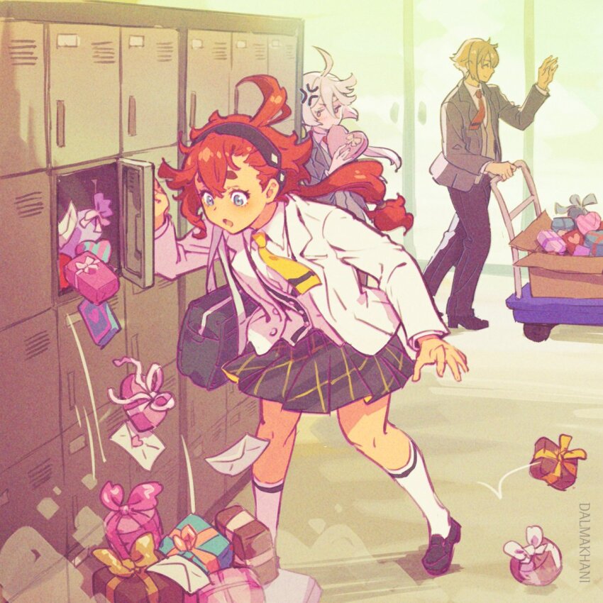 1boy, 2girls, :o, ahoge, anger_vein, bag, black_hairband, black_pants