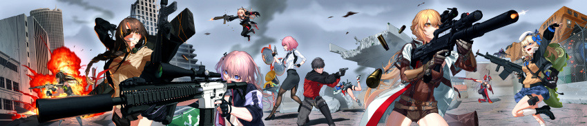 1boy, 6+girls, absurdres, aiming, animal_bag, anti-materiel_rifle, ar-15, armband