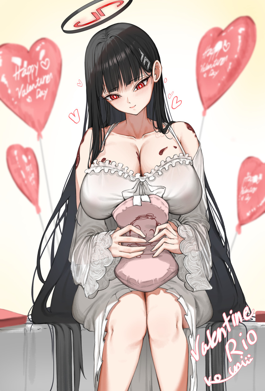 1girl, absurdres, balloon, black_hair, blue_archive, blunt_bangs, blush, breasts