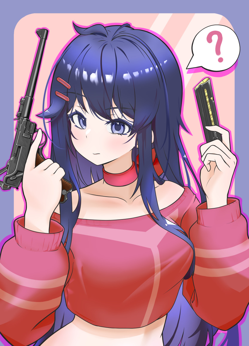 1girl, ?, absurdres, blue_eyes, blue_hair, breasts, check_weapon, choker