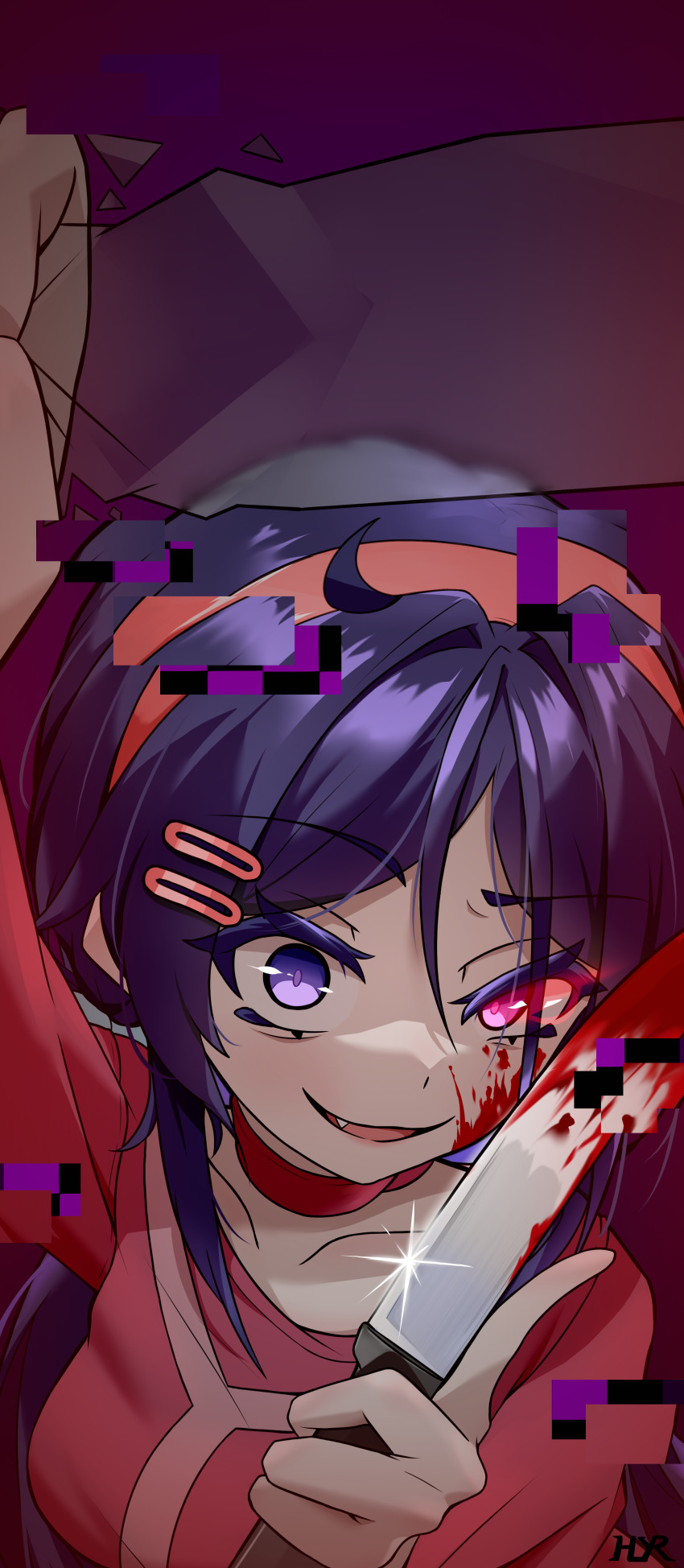 1girl, absurdres, blood, blood_on_face, bloody_knife, blue_hair, choker, collarbone