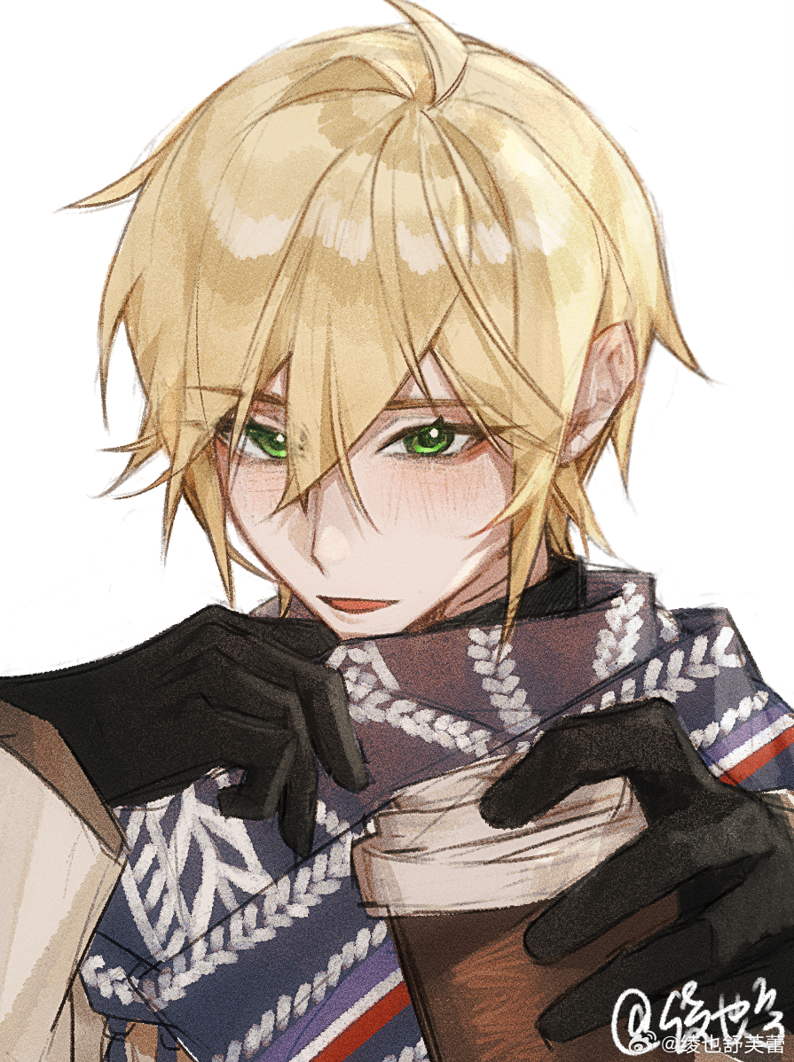 1boy, :d, adjusting_scarf, ahoge, alkaid_mcgrath, alkaid_mcgrath_(morning_mist), black_gloves, blonde_hair