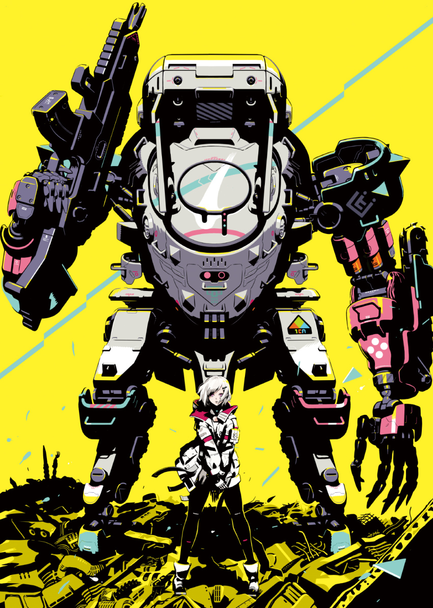 ada_(synduality), behind_another, belt, bob_cut, bodysuit, boots, bowie_rabbit, full_body, gun, gyoubu_ippei, highres, holding, holding_gun, holding_weapon, joints, legs_apart, mecha, over_shoulder, red_eyes, robot, ruins, standing, synduality, synduality_echo_of_ada, weapon, weapon_over_shoulder, white_hair