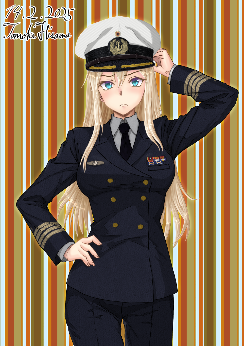 1girl, alternate_costume, bismarck_(kancolle), black_jacket, black_pants, blonde_hair, blue_eyes, breasts