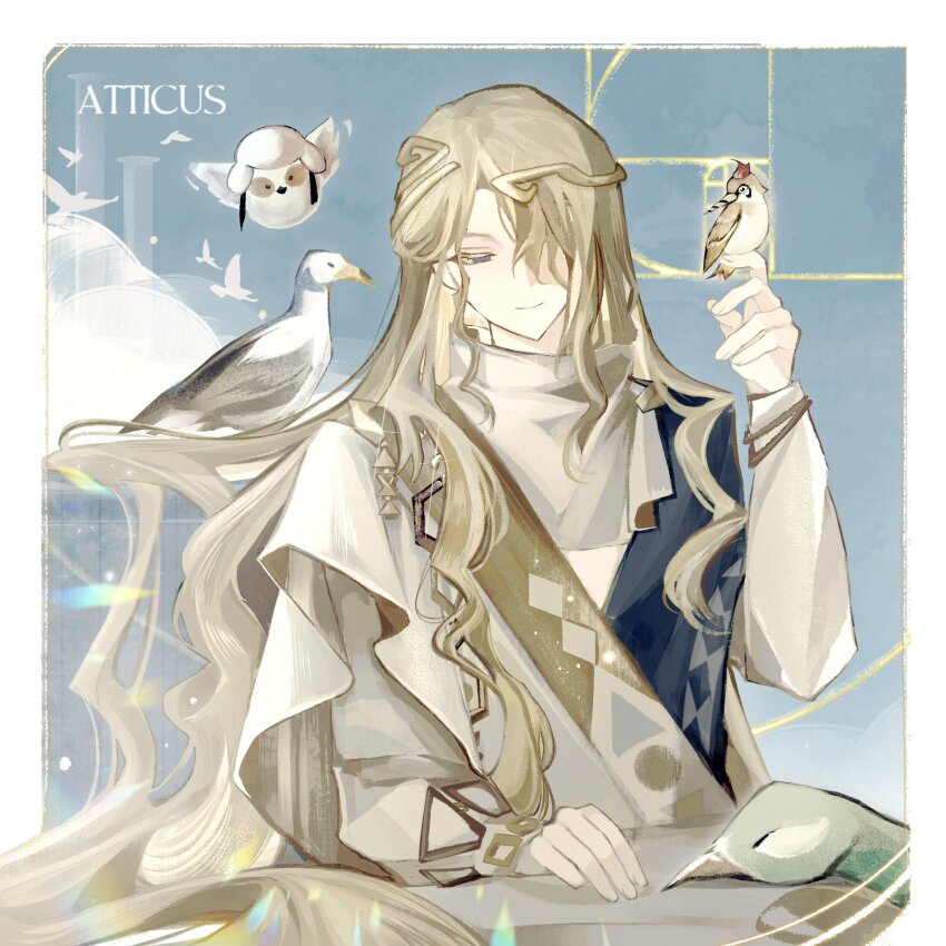 1boy, 6_(reverse:1999), ancient_greek_clothes, bird, bird_on_hand, blonde_hair, blue_background, blue_eyes