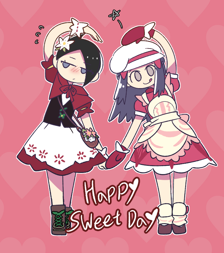 2girls, apron, black_hair, blue_hair, blush, dawn_(palentine's_2021)_(pokemon), dawn_(pokemon), flower