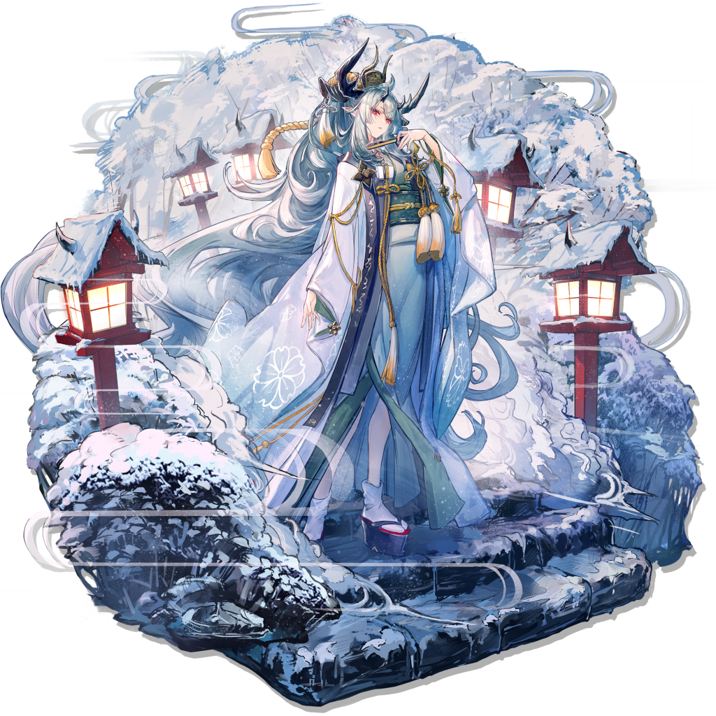 1girl, absurdly_long_hair, arknights, dress, long_hair, matoimaru_(frosted_steps)_(arknights), official_art, okobo, oni, platform_clogs, platform_sandals, ryuuzaki_ichi, sandals, snow, stairs, tagme, transparent_background, very_long_hair