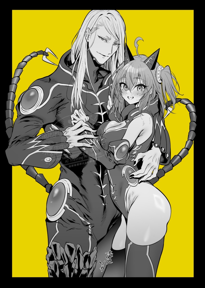 1boy, 1girl, ahoge, alternate_costume, animal_ears, armor, aztec, bare_shoulders
