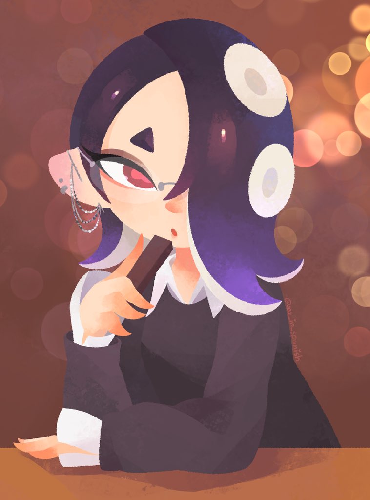 1girl, brown_background, commentary, english_commentary, hair_over_one_eye, long_hair, nintendo, octoling