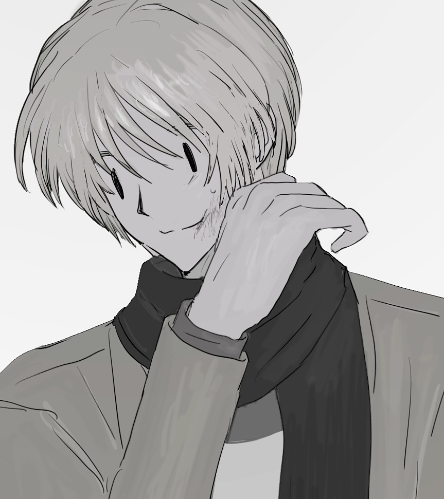 1boy, black_scarf, bruise, bruise_on_face, coat, grey_background, grey_hair, hitchhiker_b_(randal's_friends)