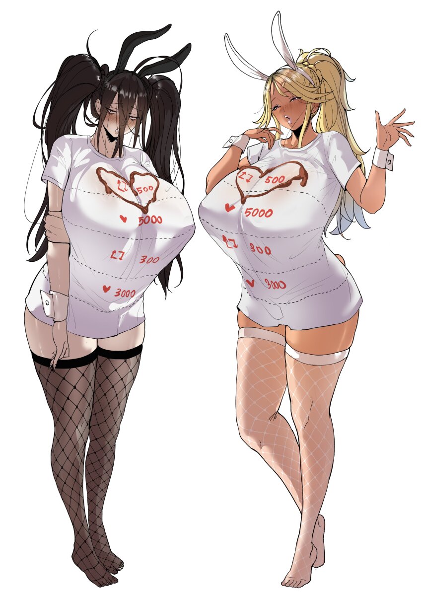 2girls, :o, absurdres, ahoge, animal_ear_hairband, animal_ears, arm_behind_back, bags_under_eyes