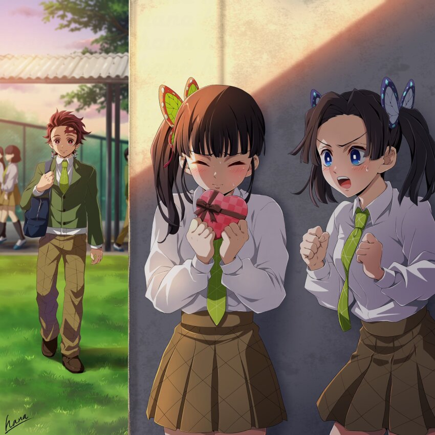 1boy, 2girls, 3others, bag, black_hair, blue_eyes, blush, box, breasts, brown_pants, brown_shoes, brown_skirt, butterfly_hair_ornament, closed_eyes, closed_mouth, green_jacket, green_necktie, hair_between_eyes, hair_ornament, hana_ni_nare, heart-shaped_box, highres, jacket, kamado_tanjirou, kanzaki_aoi_(kimetsu_no_yaiba), kimetsu_gakuen, kimetsu_no_yaiba, long_hair, long_sleeves, medium_breasts, multiple_girls, multiple_others, necktie, open_mouth, pants, red_eyes, red_hair, scar, scar_on_face, school_uniform, shirt, shoes, short_hair, shoulder_bag, side_ponytail, skirt, smile, tsuyuri_kanao, twintails, white_shirt