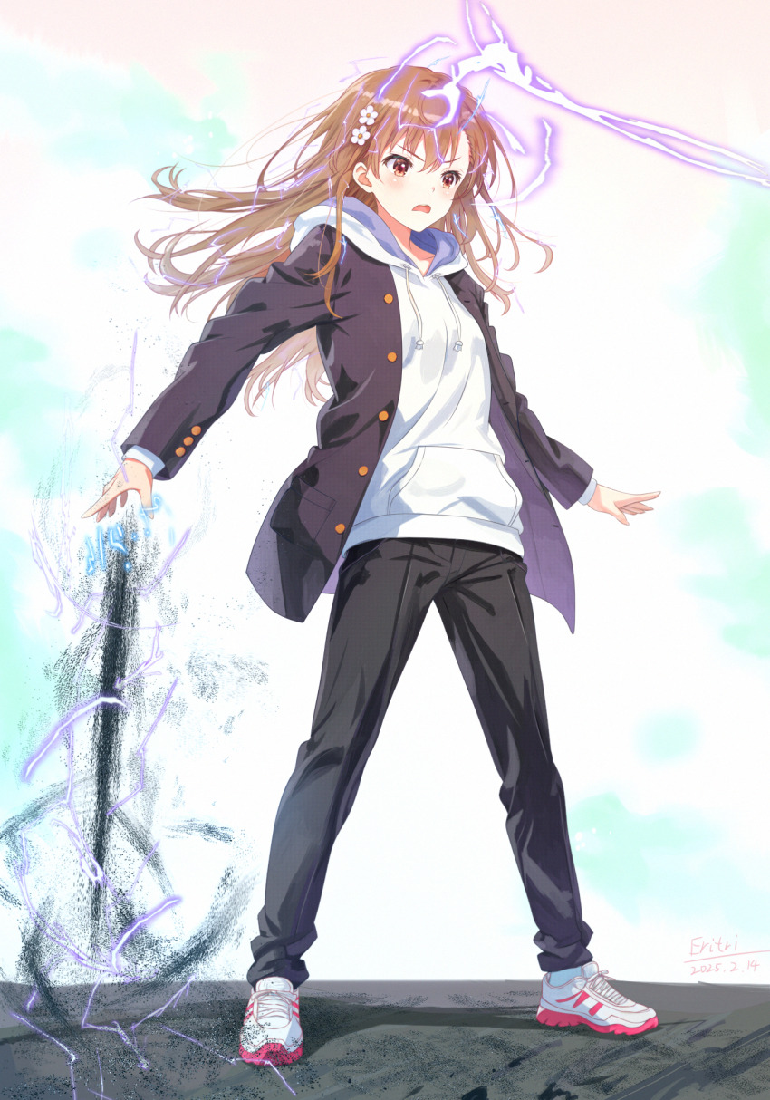 1girl, a_certain_high_school_uniform, alternate_costume, alternate_hair_length, alternate_hairstyle, black_jacket, black_pants, borrowed_clothes