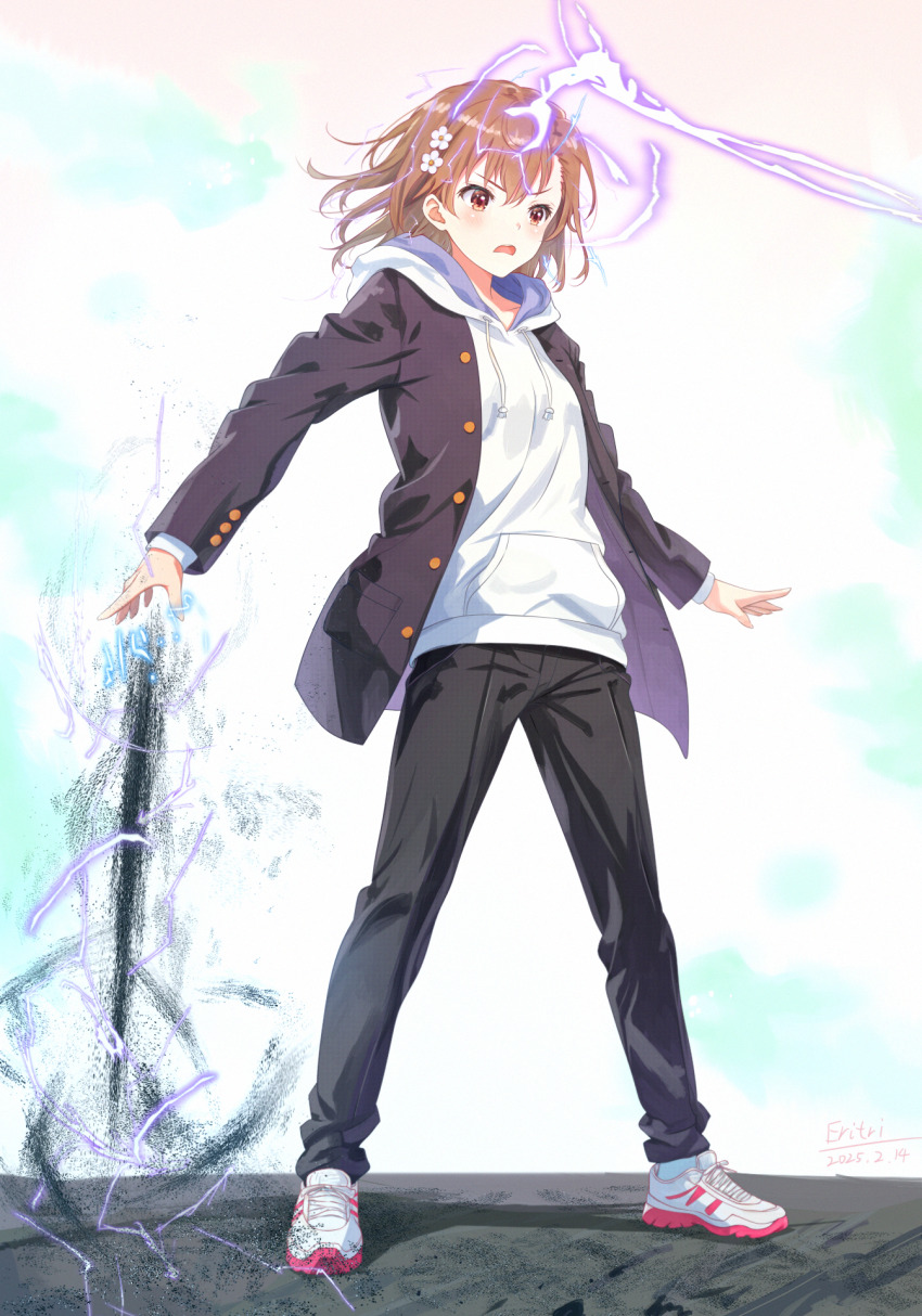 1girl, a_certain_high_school_uniform, alternate_costume, black_jacket, black_pants, borrowed_clothes, brown_eyes, brown_hair