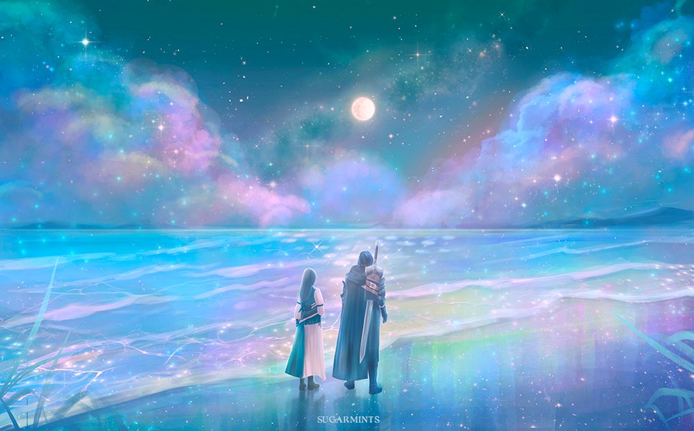 1boy, 1girl, artist_name, beach, black_cape, black_hair, cape, clive_rosfield