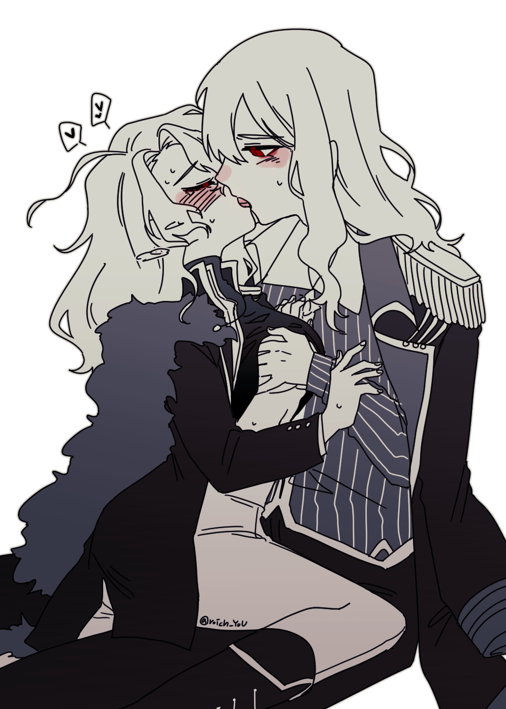 black_coat, black_jacket, black_pants, breasts, coat, don_quixote_(project_moon), french_kiss, highres