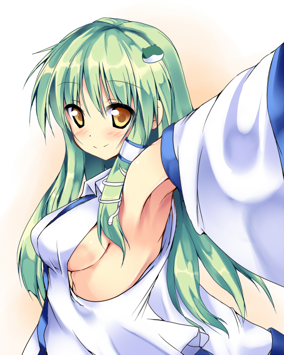 1girl, armpits, blush, breasts, detached_sleeves, female_focus, green_hair, hair_ornament