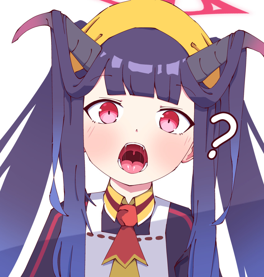 1girl, ?, absurdres, apron, black_jacket, blue_archive, blush, demon_girl, demon_horns, fangs, fuuka_(blue_archive), hairband, hamuhamuid, highres, horns, jacket, looking_at_viewer, necktie, open_mouth, pink_eyes, purple_hair, red_necktie, teeth, twintails, white_apron, yellow_hairband