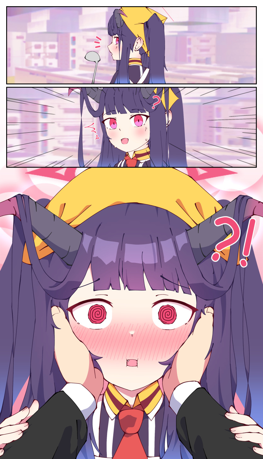 !?, 1girl, ?, @_@, absurdres, apron, black_shirt, blue_archive, blush, fang, fuuka_(blue_archive), hair_between_eyes, hairband, hamuhamuid, hands_on_another's_arms, hands_on_another's_face, highres, holding, holding_ladle, ladle, long_hair, looking_at_viewer, necktie, open_mouth, pov, purple_hair, red_eyes, red_necktie, shirt, sidelocks, surprised, sweatdrop, white_apron, yellow_hairband