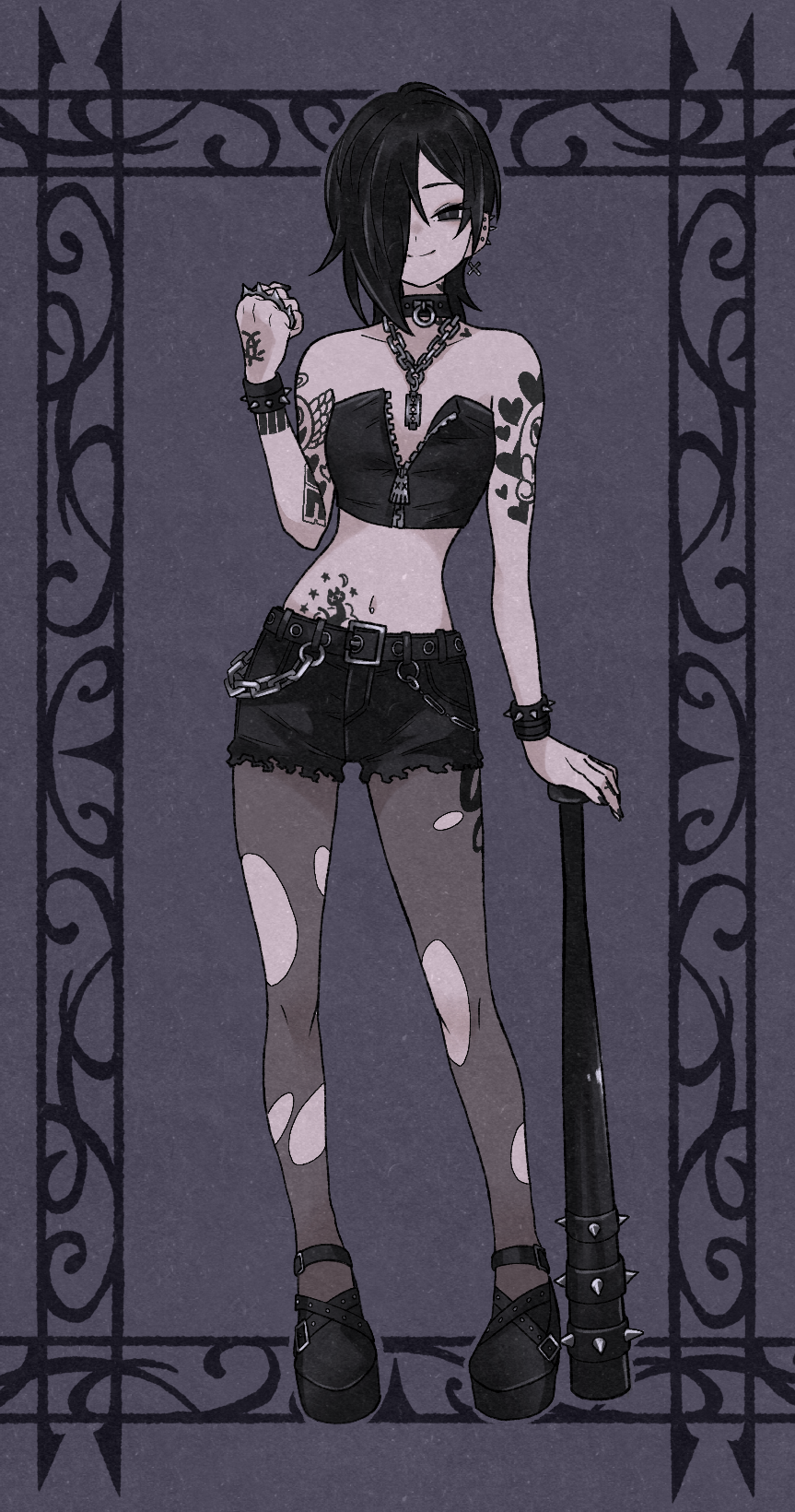 1girl, arm_tattoo, baseball_bat, belt, black_belt, black_choker, black_eyes, black_hair