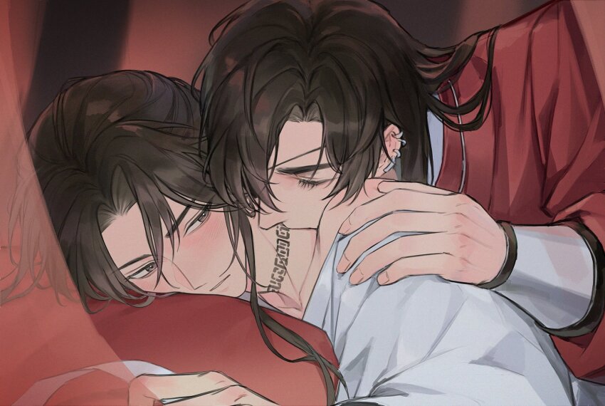 2boys, bandages, bare_shoulders, biting, blush, brown_eyes, brown_hair, chinese_clothes