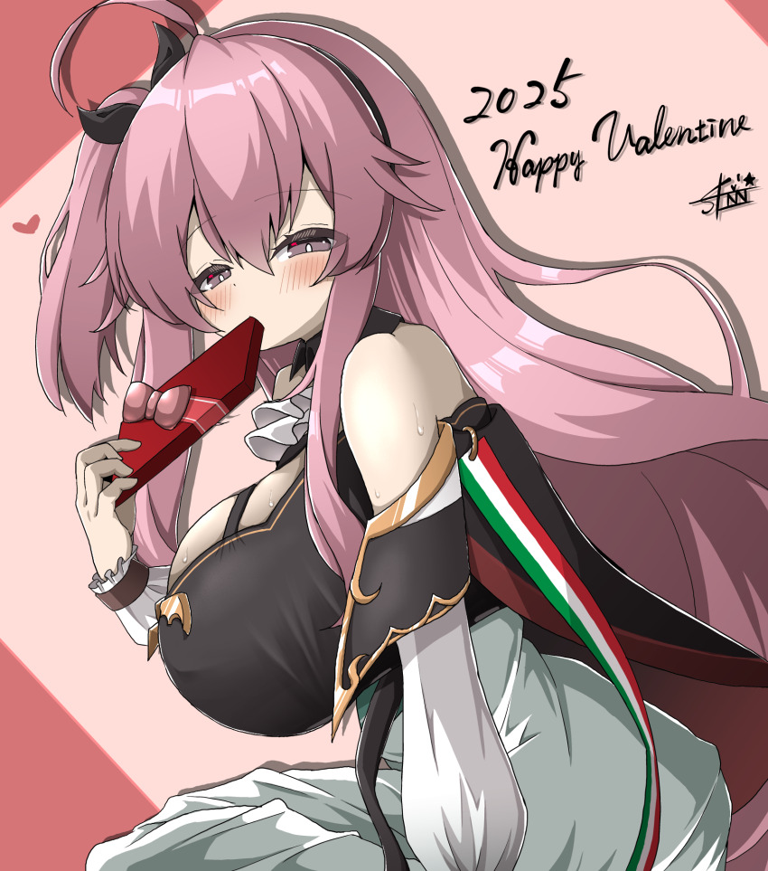 1girl, 2025, ahoge, azur_lane, black_hairband, blush, box, breasts, dress, emanuele_pessagno_(azur_lane), fountain_haze, gift, gift_box, hairband, hand_up, happy_valentine, heart, highres, huge_breasts, italian_flag, large_breasts, long_hair, looking_at_viewer, one_side_up, pink_eyes, pink_hair, signature, solo, valentine, white_dress