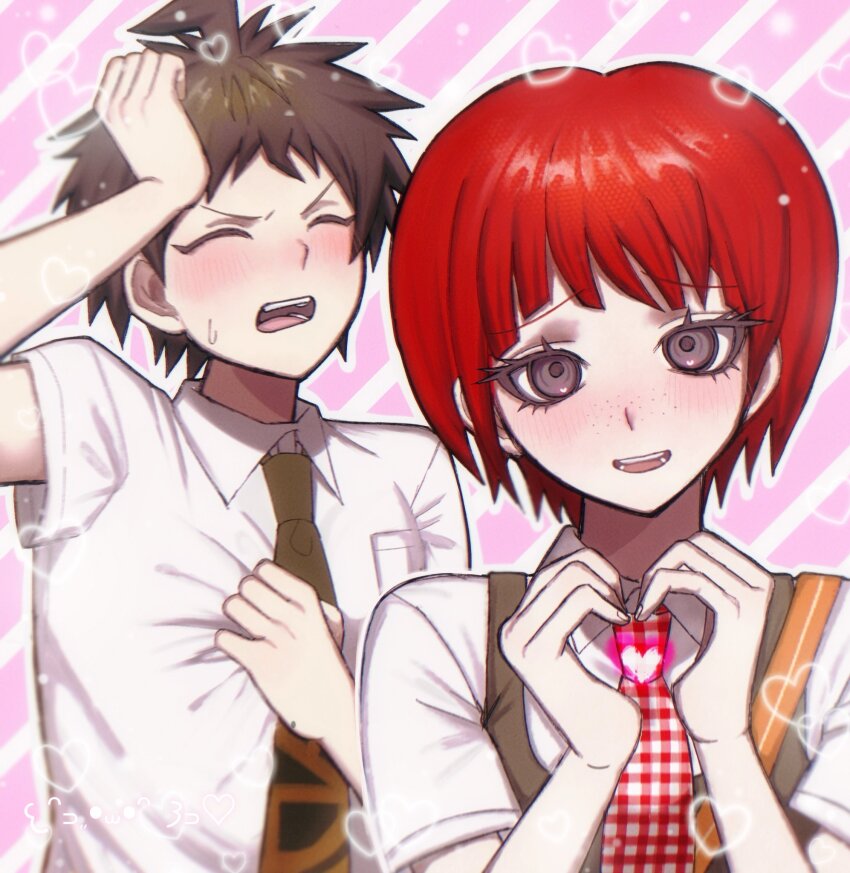 1boy, 1girl, :d, ahoge, black_eyes, blush, breast_pocket, brown_hair