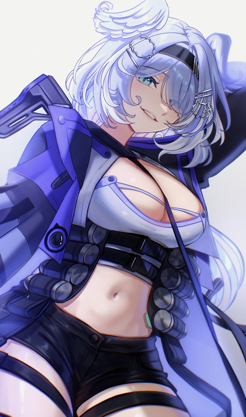 absurdres, ammunition_belt, aqua_eyes, blue_hair, breasts, cleavage, commentary, commission