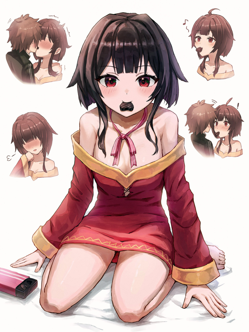 !, 1boy, 1girl, absurdres, ahoge, bare_shoulders, barefoot, black_hair, blush, box, breasts, candy, chocolate, chocolate_heart, collarbone, dress, eye_contact, food, food_in_mouth, full_body, gift, gift_box, heart, heart-shaped_food, hetero, highres, isome, kiss, kono_subarashii_sekai_ni_shukufuku_wo!, long_sleeves, looking_at_another, looking_at_viewer, loose_dress, megumin, mouth_hold, multiple_views, musical_note, neck_ribbon, off-shoulder_dress, off_shoulder, pink_ribbon, red_dress, red_eyes, ribbon, satou_kazuma, shared_food, short_dress, short_hair_with_long_locks, sigh, sitting, small_breasts, thighs, toes, trembling, valentine, wariza