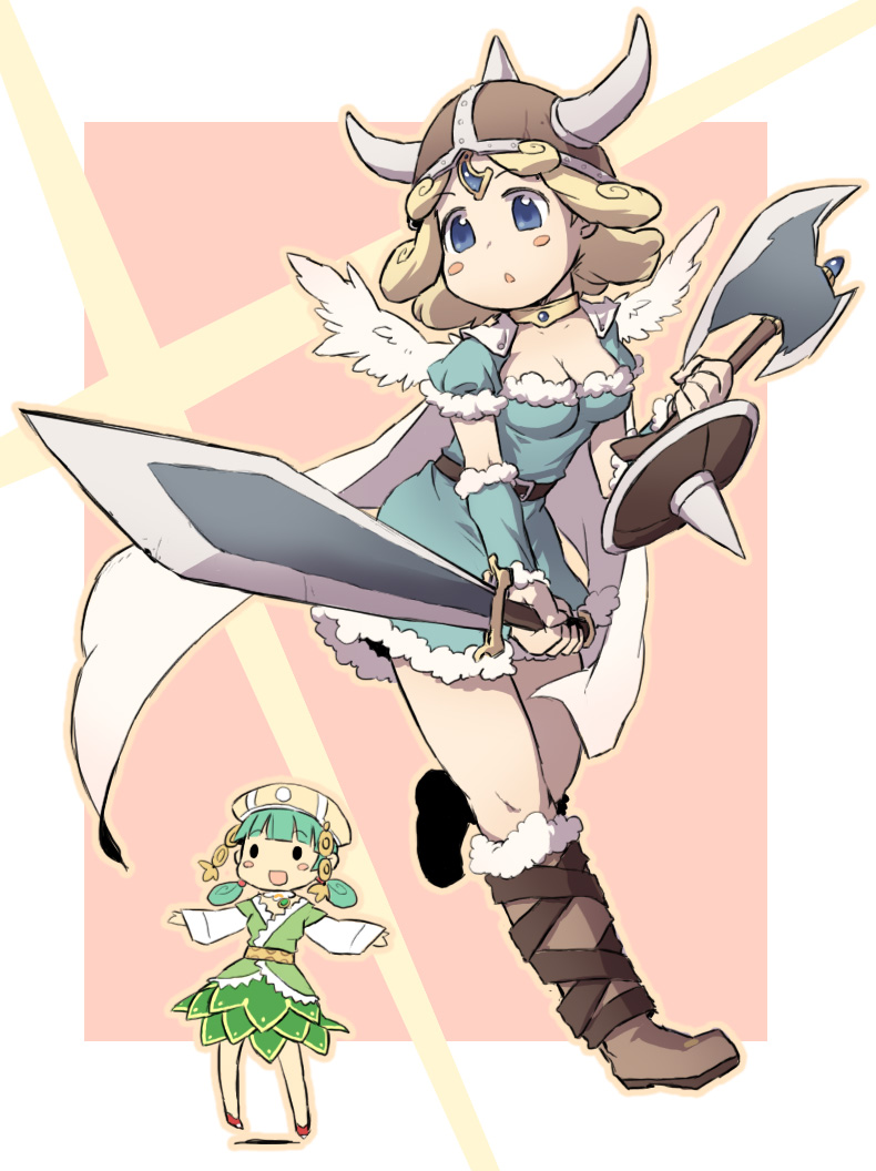 10s, 2girls, :d, axe, bad_id, bad_pixiv_id, belt, black_eyes, blonde_hair, blue_eyes, blush, blush_stickers, boots, breasts, cape, chibi, cleavage, extra, green_hair, hat, helmet, horns, katabami38, knee_boots, long_hair, magical_girl, mahou_shoujo_madoka_magica, mahou_shoujo_madoka_magica_(anime), medium_breasts, multiple_girls, open_mouth, shield, short_hair, skirt, smile, spikes, sword, tibetan_girl_(madoka_magica), twintails, viking, viking_girl_(madoka_magica), weapon, wings