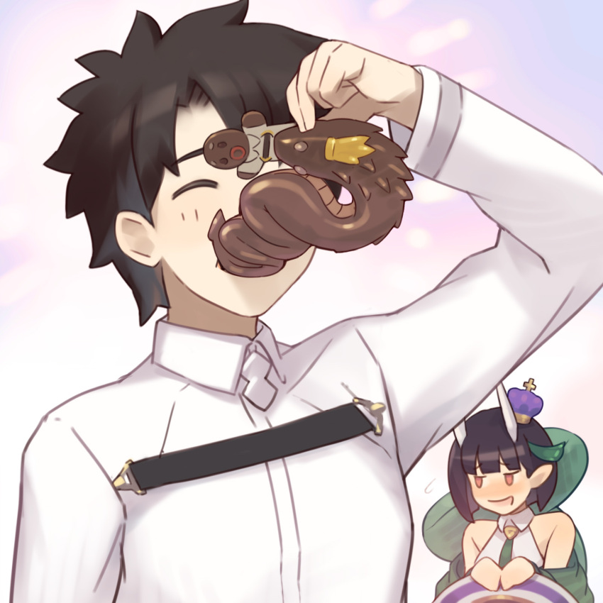 1boy, 1girl, biscione_(fate), black_hair, blush, chocolate, closed_eyes, crown