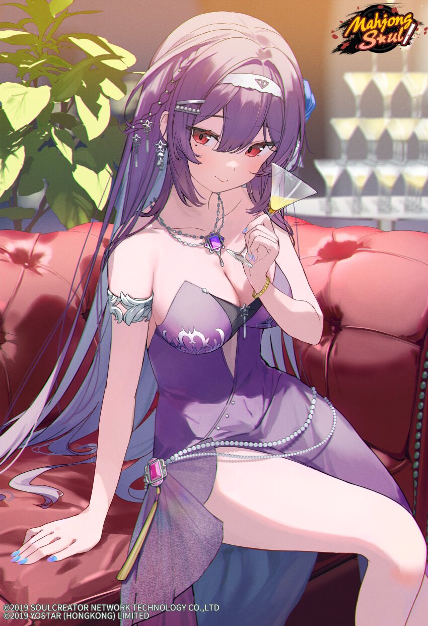 1girl, absurdres, alcohol, arm_support, armlet, ashima_(roro046), blue_nails, blurry