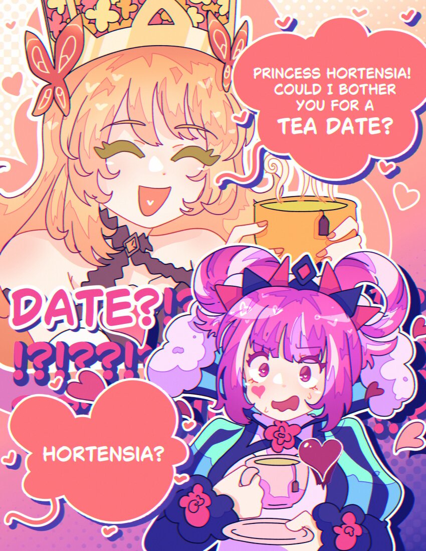 2girls, absurdres, bare_shoulders, blonde_hair, blue_dress, blunt_bangs, butterfly_hair_ornament, celine_(fire_emblem), closed_eyes, commentary, crown, cup, dress, english_commentary, english_text, eyelashes, facial_mark, fire_emblem, fire_emblem_engage, flower, flustered, hair_flower, hair_ornament, hair_rings, heart, heart-shaped_pupils, heart_facial_mark, highres, holding, holding_cup, holding_plate, hortensia_(fire_emblem), juliet_sleeves, long_sleeves, mokiki_(mokadevs), multiple_girls, nintendo, open_mouth, outline, pink_eyes, pink_hair, plate, puffy_sleeves, speech_bubble, symbol-shaped_pupils, tea, teacup, white_outline, yuri