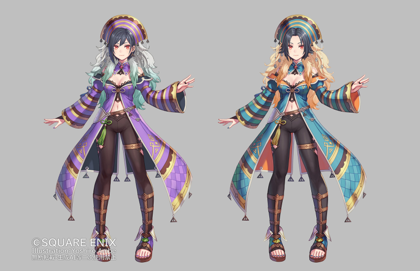 alternate_color, alternate_hairstyle, anbe_yoshirou, black_bustier, black_gloves, black_hair, black_leggings, blue_cloak, blue_nails, blue_sandals, breasts, bridal_gauntlets, brown_leggings, bustier, cloak, commentary_request, copyright_notice, court_mage_(romancing_saga_2), curtained_hair, emerald_(romancing_saga_2), full_body, gloves, gold_thighlet, grey_background, hat, highres, jewelry, lace-trimmed_bustier, lace_trim, leggings, medium_breasts, midriff, navel, off_shoulder, official_art, parted_bangs, platform_sandals, purple_cloak, purple_nails, purple_sandals, red_eyes, romancing_saga_2, saga, sandals, short_hair, standing, tassel, thighlet, wide_sleeves