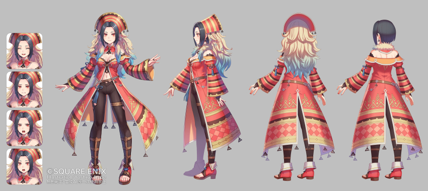 1girl, ^_^, anbe_yoshirou, arm_at_side, bare_shoulders, black_bustier, black_gloves, black_leggings, breasts, bridal_gauntlets, bustier, cloak, closed_eyes, closed_mouth, commentary_request, copyright_notice, court_mage_(romancing_saga_2), earrings, emerald_(romancing_saga_2), expressionless, full_body, gloves, gold_thighlet, grey_background, hat, highres, jewelry, lace-trimmed_bustier, lace_trim, leggings, medium_breasts, midriff, multiple_expressions, navel, off_shoulder, official_art, open_mouth, platform_sandals, red_cloak, red_eyes, red_nails, red_sandals, romancing_saga_2, saga, sandals, smile, standing, surprised, thighlet, wide_sleeves