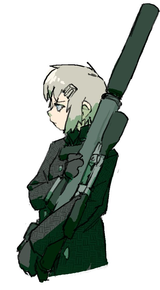 1girl, buttons, coat, commission, cropped_torso, gloves, grey_hair, gun