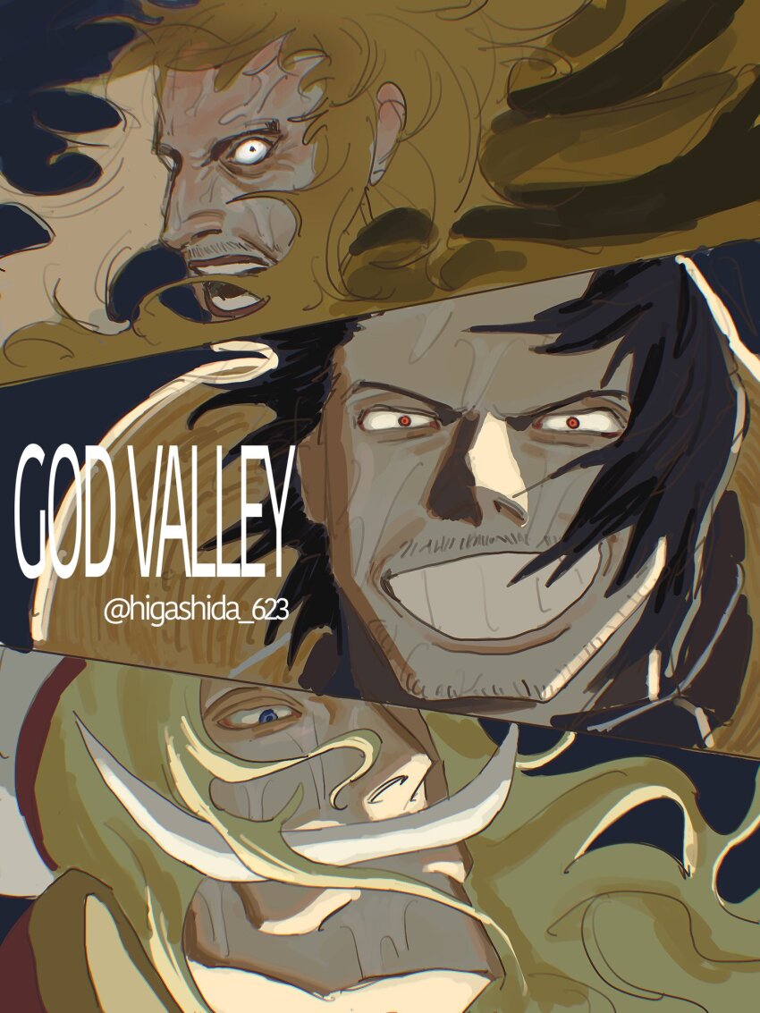 3boys, beard_stubble, black_background, black_hair, blonde_hair, blue_eyes, edward_newgate, facial_hair