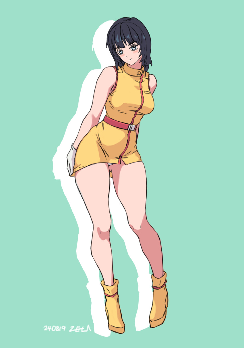 1girl, 2024, aeug, aqua_background, belt, black_hair, blue_eyes, boots, colored_lineart, commentary_request, dated, fa_yuiry, gloves, gundam, highres, korean_commentary, looking_at_viewer, military_uniform, miniskirt, science_fiction, signature, sketch, skirt, vest, white_gloves, z006, zeta_gundam, zeta_gundam_define
