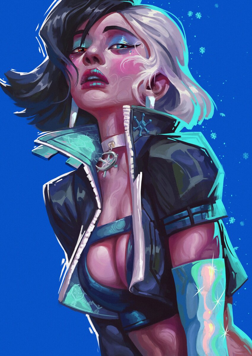 1girl, absurdres, black_hair, black_jacket, blue_eyes, breasts, choker, crop_top, gloves, heterochromia, highres, jacket, looking_at_viewer, luna_snow, marvel, marvel_rivals, midriff, multicolored_hair, nikita_kapitunov, short_hair, shorts, smile, solo, split-color_hair, two-tone_hair, white_hair