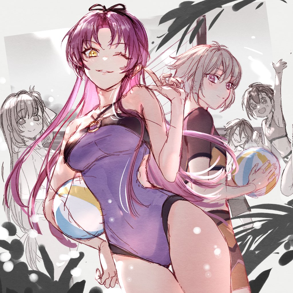 2boys, 3girls, aaron_wei, achan_(blue_semi), agnes_claudel, ball, beach, beachball, bikini, black_ribbon, blue_one-piece_swimsuit, blush, breasts, chinese_commentary, closed_eyes, closed_mouth, competition_swimsuit, cowboy_shot, curtained_hair, eiyuu_densetsu, feri_al-fayed, grey_eyes, grey_hair, hair_bun, hair_ribbon, holding, holding_ball, holding_beachball, index_finger_raised, kuro_no_kiseki, kuro_no_kiseki_(series), kuro_no_kiseki_ii, long_hair, looking_at_viewer, low-tied_long_hair, male_swimwear, medium_breasts, monochrome_background, multiple_boys, multiple_girls, o-ring, o-ring_top, one-piece_swimsuit, one_eye_closed, parted_bangs, parted_lips, partially_colored, purple_hair, quatre_salision, rash_guard, renne_(eiyuu_densetsu), ribbon, short_hair, sidelocks, single_side_bun, smile, standing, swim_trunks, swimsuit, thigh_gap, trap, unfinished, waving, yellow_eyes