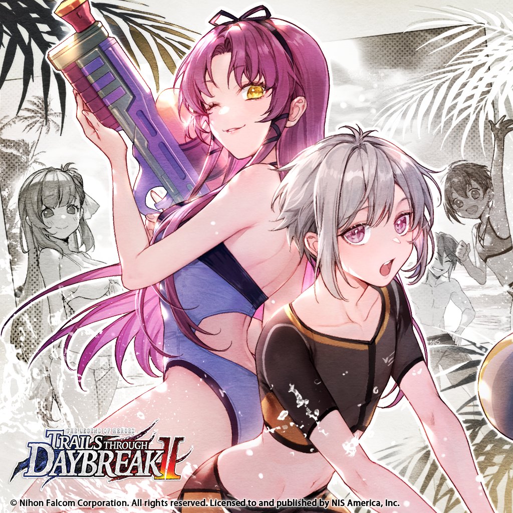 2boys, 3girls, aaron_wei, achan_(blue_semi), agnes_claudel, back_cutout, ball, beach, beachball, bikini, black_ribbon, blue_one-piece_swimsuit, blush, braid, breasts, bun_with_braided_base, chinese_commentary, closed_eyes, closed_mouth, clothing_cutout, collarbone, competition_swimsuit, cowboy_shot, curtained_hair, eiyuu_densetsu, feri_al-fayed, frilled_bikini, frills, grey_hair, hair_bun, hair_ribbon, hand_on_own_hip, holding, holding_water_gun, kuro_no_kiseki, kuro_no_kiseki_(series), kuro_no_kiseki_ii, logo, long_hair, looking_at_viewer, low-tied_long_hair, male_swimwear, medium_breasts, monochrome_background, multiple_boys, multiple_girls, ocean, official_art, one-piece_swimsuit, one_eye_closed, open_mouth, outline, palm_tree, parted_bangs, parted_lips, partially_colored, purple_eyes, purple_hair, quatre_salision, rash_guard, renne_(eiyuu_densetsu), ribbon, short_hair, sidelocks, single_side_bun, smile, standing, super_soaker, swim_trunks, swimsuit, trap, tree, wading, water_gun, watermark, waving, white_outline, yellow_eyes