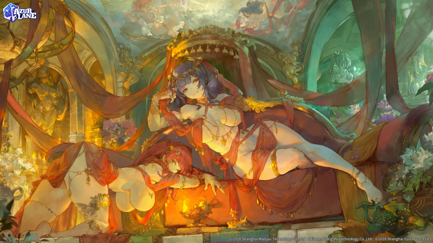 2girls, absurdres, alternate_costume, anklet, arm_support, armpits, ass, azur_lane, barefoot, bent_over, breasts, choker, cleavage, commentary, copyright_name, copyright_notice, couch, covered_erect_nipples, cutesexyrobutts, english_commentary, fine_art_parody, fire, flower, grin, hair_ornament, hanging_breasts, highres, indoors, jewelry, kneeling, large_breasts, long_hair, looking_at_viewer, multiple_girls, navel, official_art, parody, pola_(azur_lane), purple_hair, red_eyes, red_hair, revealing_clothes, sarong, sistine_chapel, sitting, smile, statue, thighlet, twintails, yellow_eyes, zara_(azur_lane)