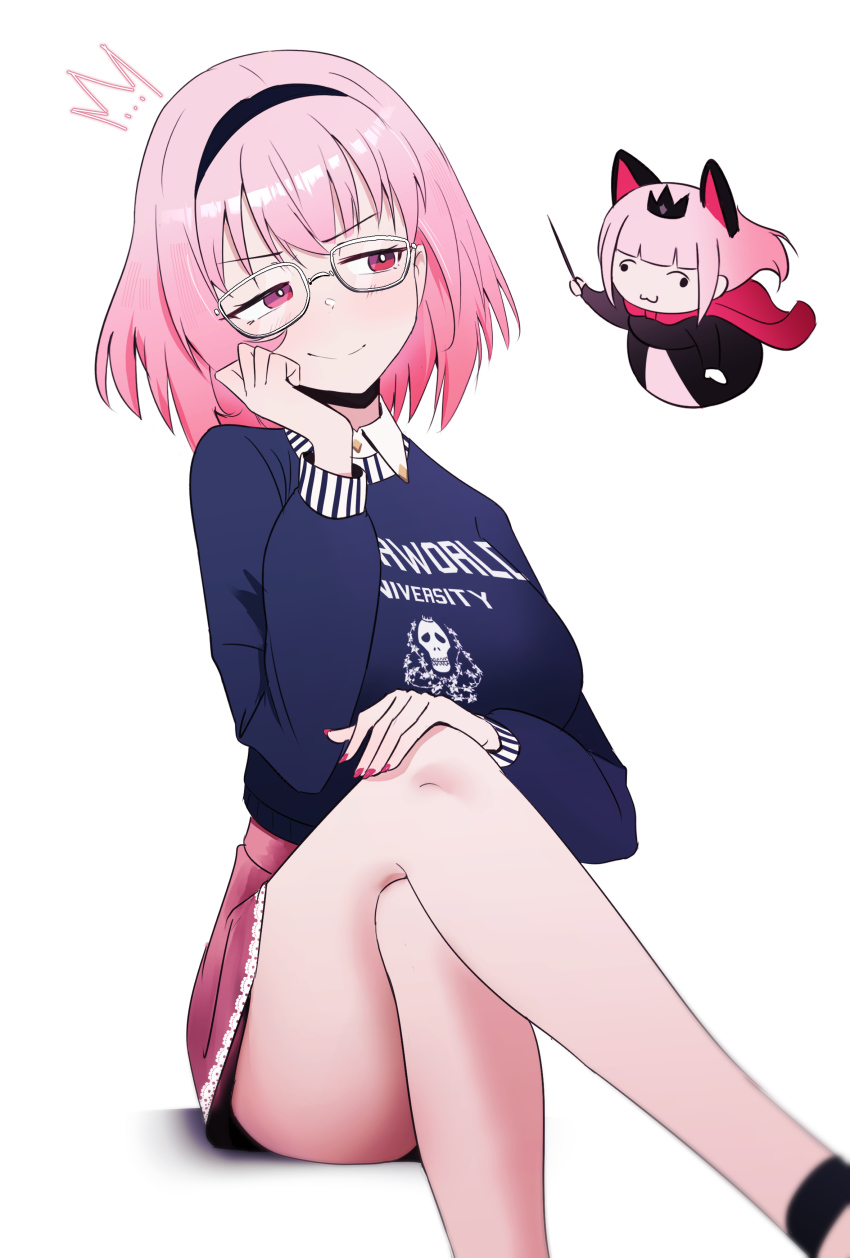 1girl, absurdres, black_headband, blue_sweater, breasts, cd_usr, closed_mouth, clothes_writing, collared_shirt, crossed_legs, glasses, headband, highres, hololive, hololive_english, large_breasts, looking_to_the_side, mori_calliope, mori_calliope_(kawaiiope), nail_polish, official_alternate_costume, official_alternate_hair_length, official_alternate_hairstyle, pink_hair, red_eyes, red_nails, shirt, smile, smol_calli, sweater, virtual_youtuber, weird_cat_(mori_calliope), white_background