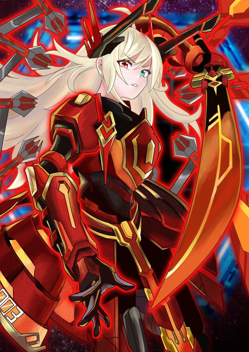 1girl, absurdres, armor, blonde_hair, blue_eyes, duel_monster, gloves, heterochromia