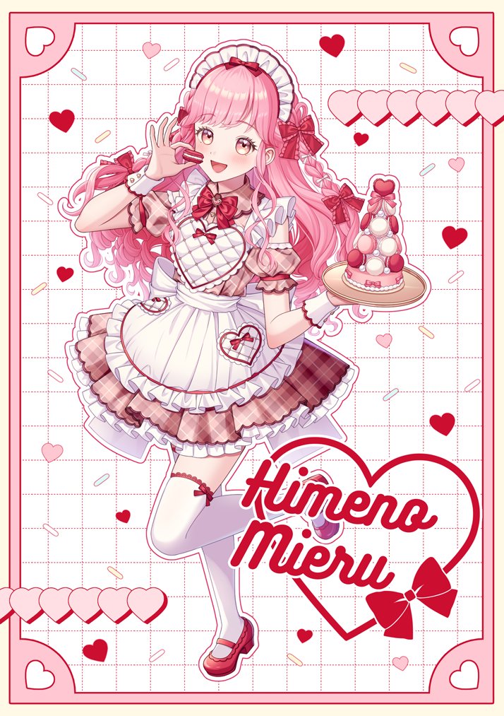 1girl, :d, aikatsu!_(series), aikatsu_academy!, apron, blush, border, bow, brown_dress, character_name, curly_hair, detached_sleeves, dot_nose, dress, food, frilled_bow, frilled_dress, frilled_sleeves, frills, fukumoto_moco, full_body, grid_background, hair_bow, hand_up, heart, heart_in_eye, himeno_mieru, holding, holding_food, holding_tray, long_hair, macaron, maid, maid_apron, maid_headdress, open_mouth, outline, pink_border, pink_eyes, pink_hair, plaid_clothes, plaid_dress, red_bow, red_shoes, shoes, short_dress, short_sleeves, sleeveless, sleeveless_dress, smile, solo, standing, standing_on_one_leg, symbol_in_eye, thighhighs, tray, white_apron, white_background, white_headdress, white_outline, white_thighhighs, white_wrist_cuffs, wrist_cuffs, zettai_ryouiki