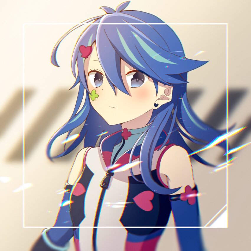 1girl, alternate_form, antenna_hair, arm_warmers, atltax_00, bare_shoulders, blue_arm_warmers, blue_eyes