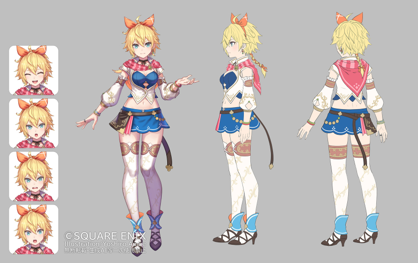 1girl, :o, ^_^, ahoge, anbe_yoshirou, arm_strap, artist_name, belt, blonde_hair, blue_corset, blue_eyes, blue_skirt, bracelet, breasts, brown_belt, brown_sandals, cat_(romancing_saga_2), cleavage, closed_eyes, closed_mouth, commentary_request, copyright_notice, corset, cropped_jacket, detached_sleeves, earrings, full_body, grey_background, hair_ribbon, high_heel_sandals, high_heels, highres, jacket, jewelry, medium_hair, miniskirt, multiple_bracelets, multiple_expressions, navel, official_art, orange_ribbon, ribbon, ring, romancing_saga_2, saga, sandals, single_earring, skirt, small_breasts, smile, standing, stomach, surprised, thigh_strap, thighhighs, white_jacket, white_sleeves, white_thighhighs, worried