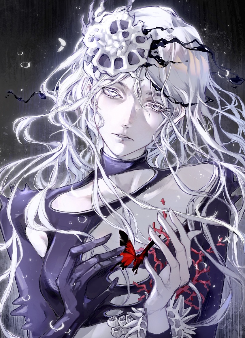 1girl, absurdres, air_bubble, black_wetsuit, bodysuit, breasts, bubble, bug